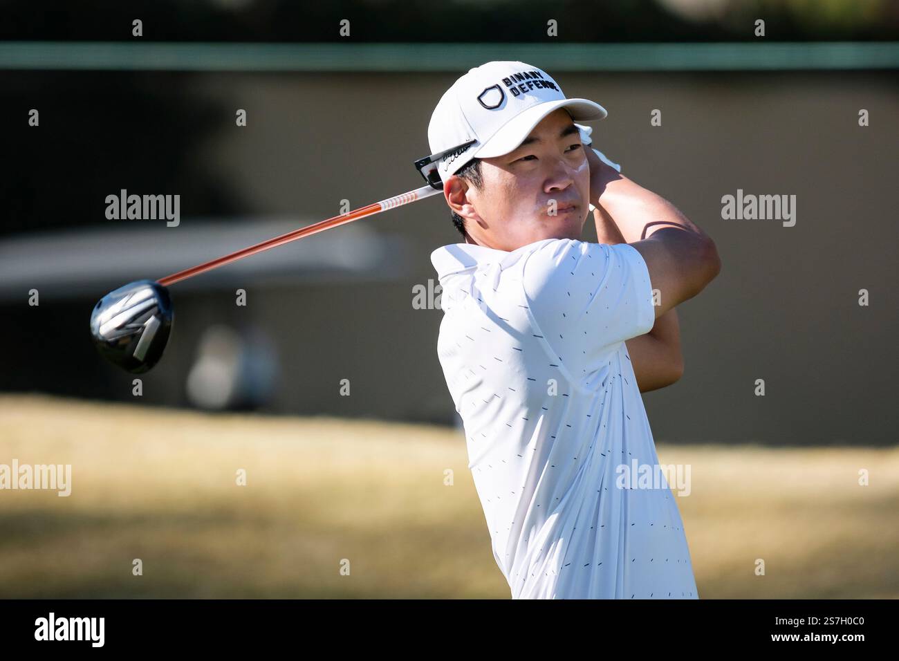 Michael Kim hits from the 11th tee at the Pete Dye Stadium Course