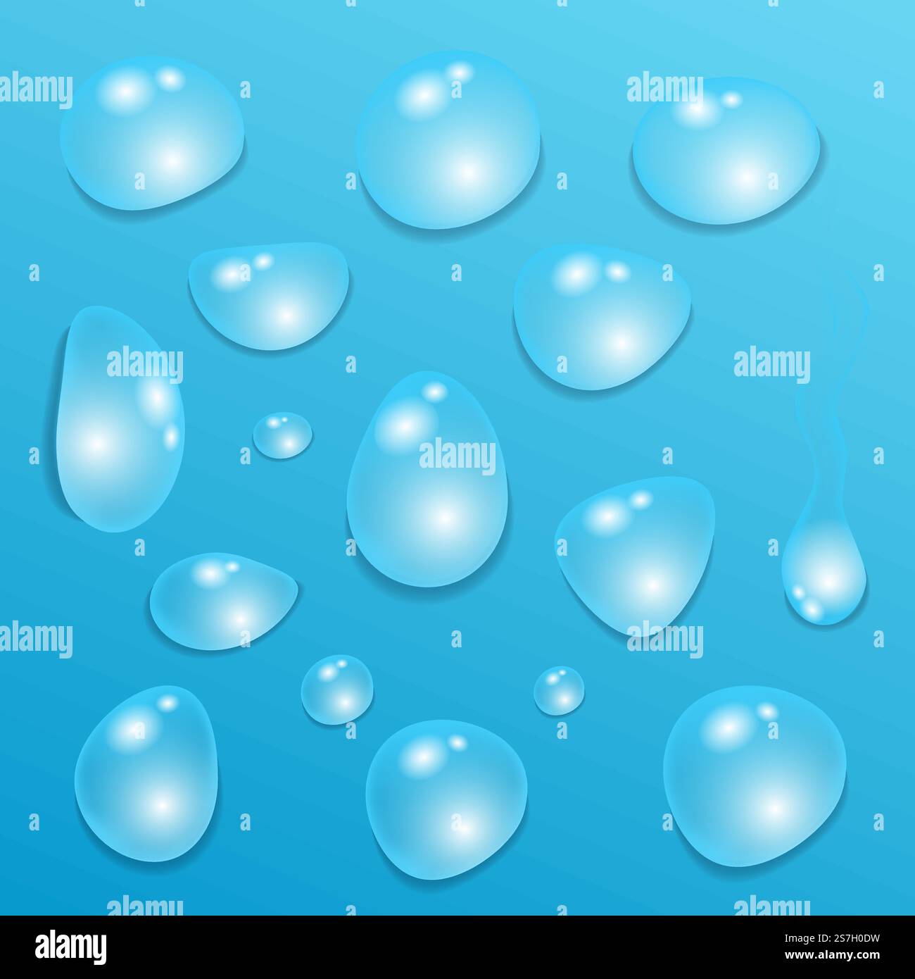 Set of transparent drops of pure clear water isolated on a blue ...