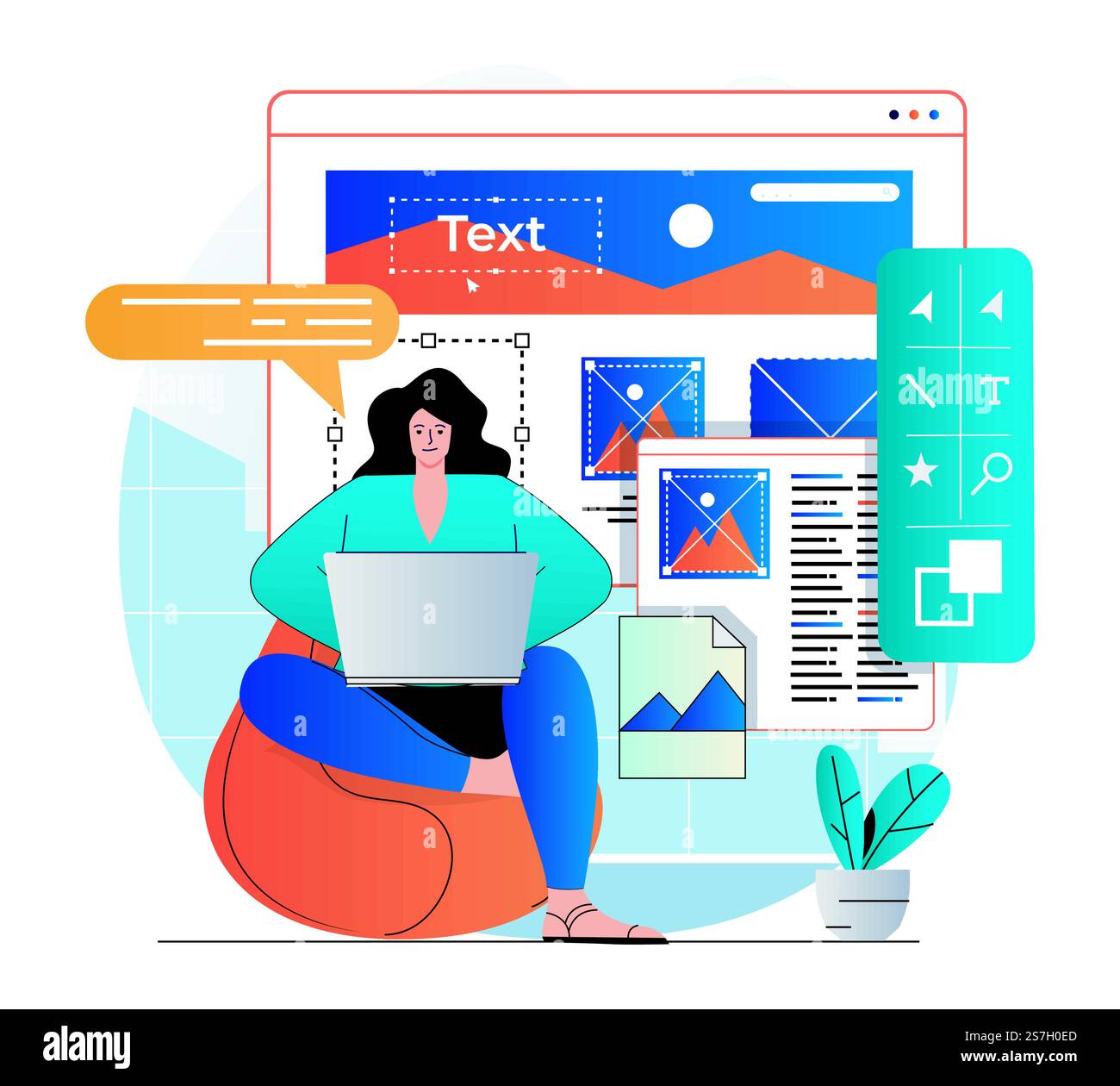 Web design concept in modern flat design. Woman designer create and optimize graphic elements, programming and testing. Developer creates interface layout, working at laptop. Vector illustration Stock Vector