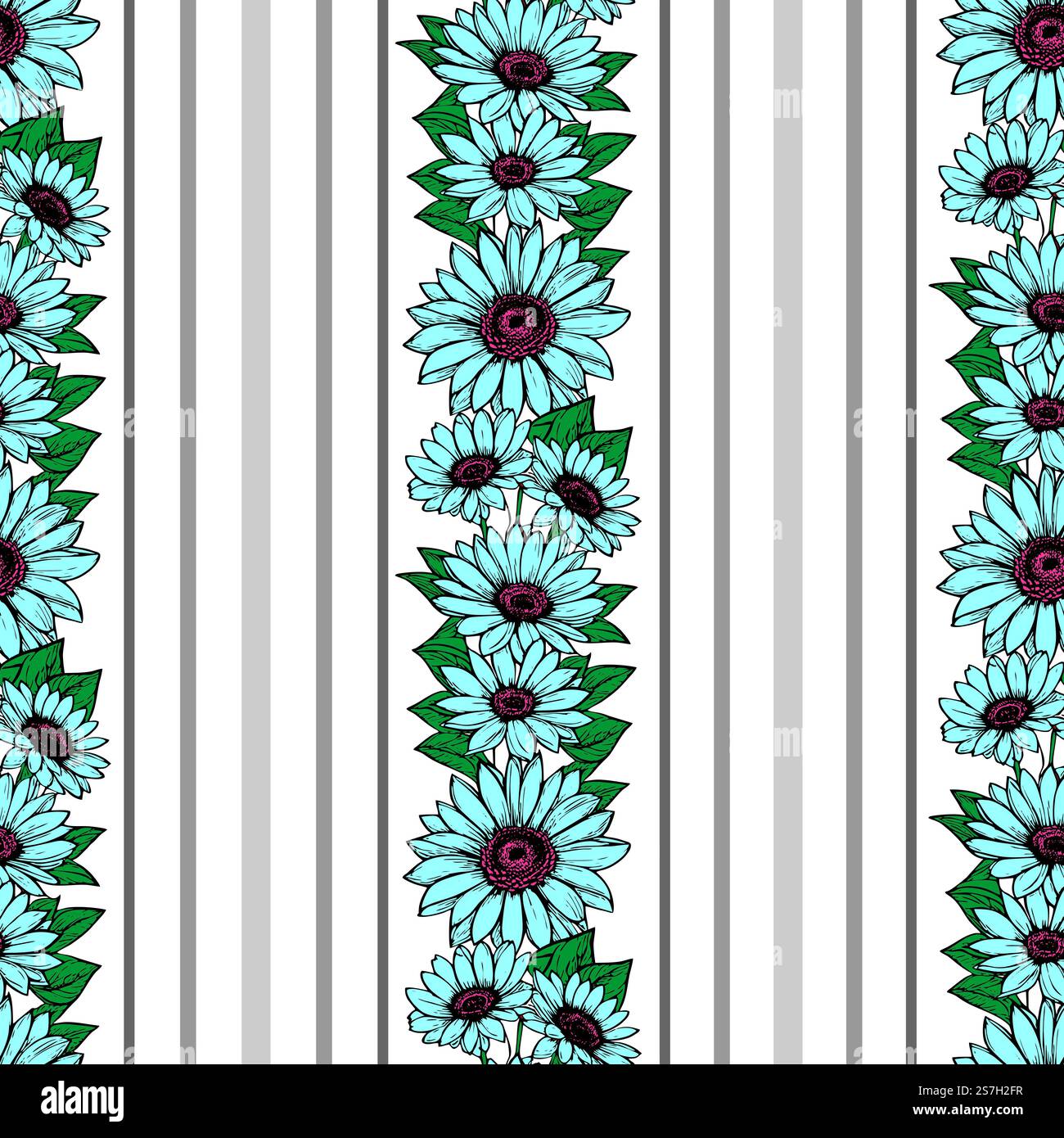 seamless vertical pattern of stripes and blue flowers, texture ...
