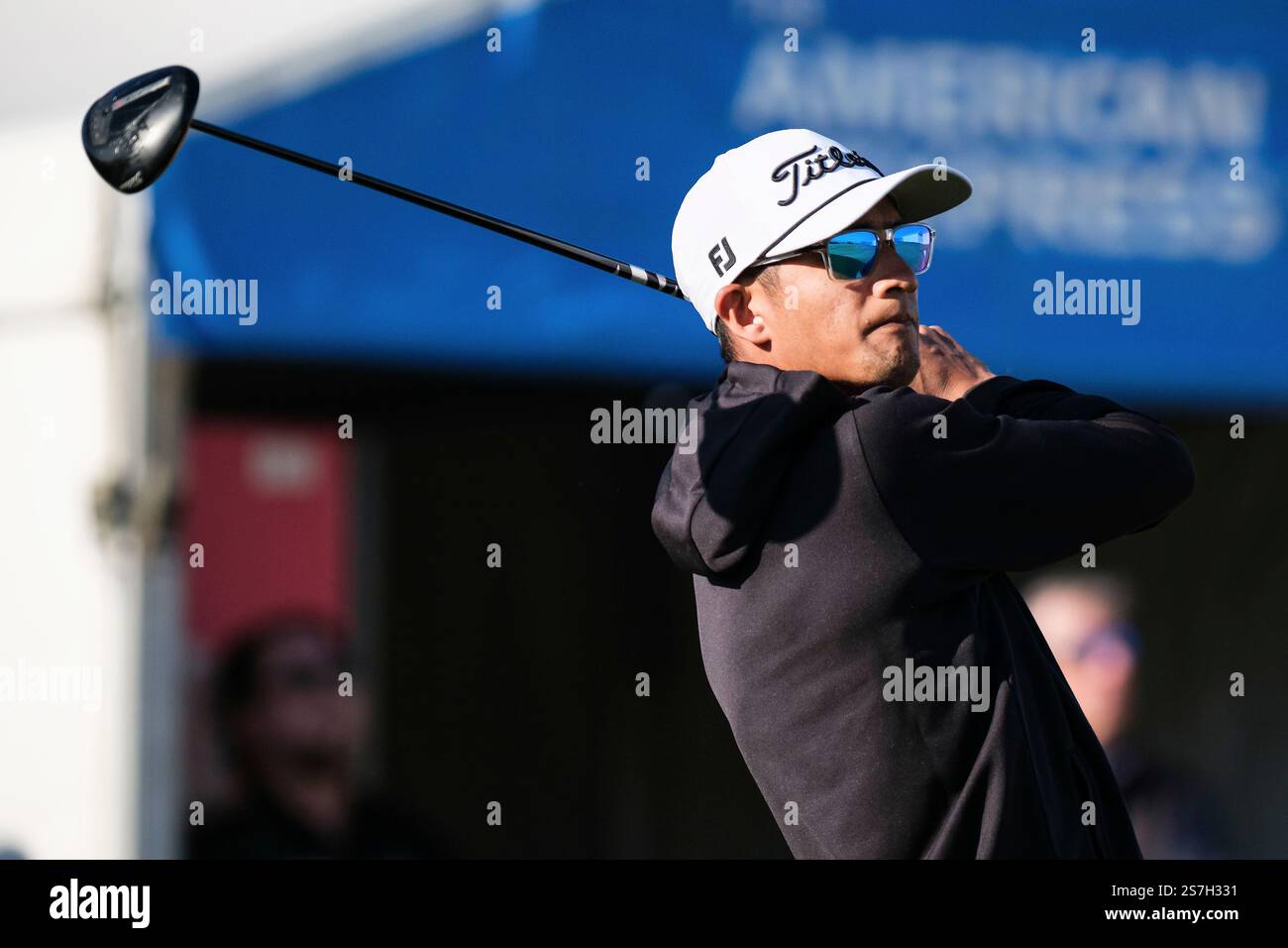 Ricky Castillo hits from the first tee at the Pete Dye Stadium Course
