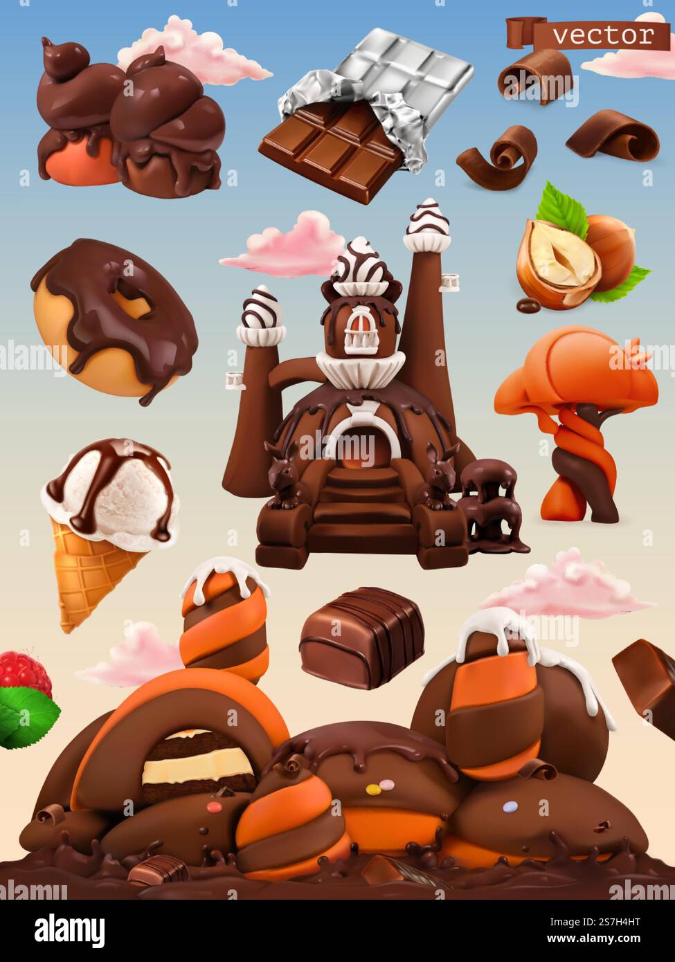 Sweet factory. Chocolate castle cartoon illustration. 3d vector icon ...