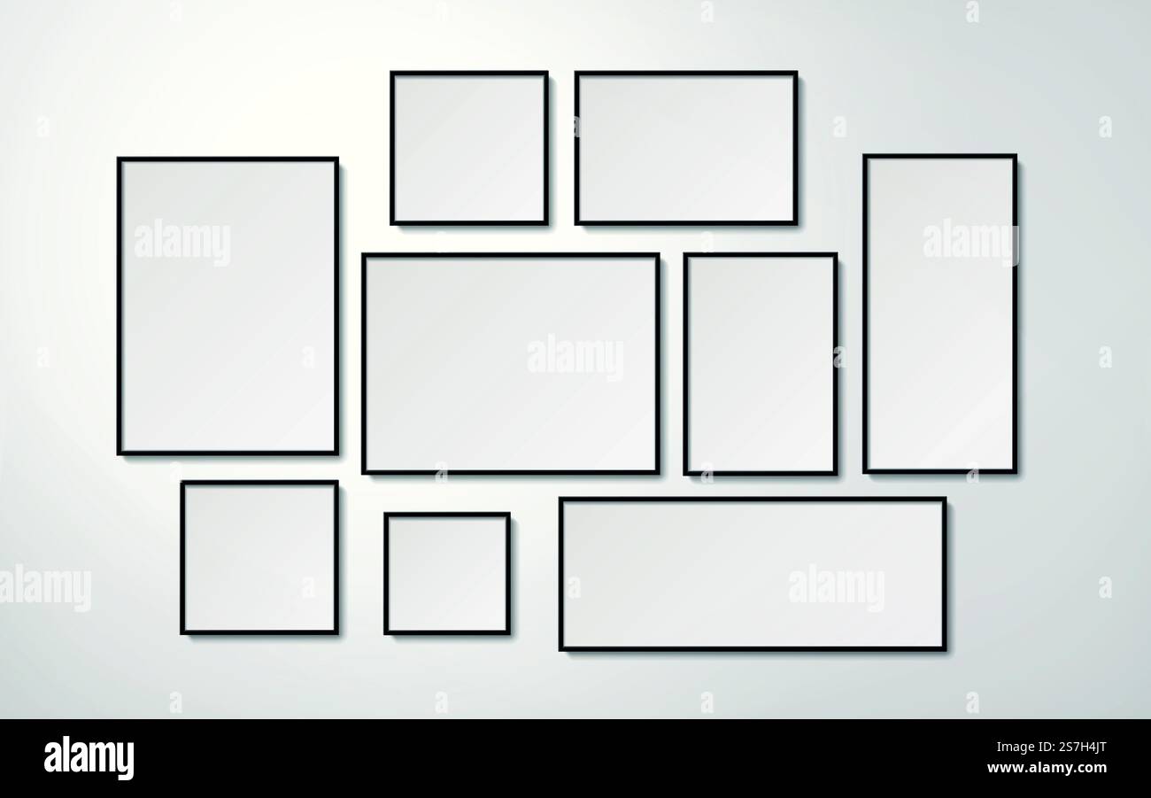 Realistic blank picture frames collection hanging on the wall, 3d ...