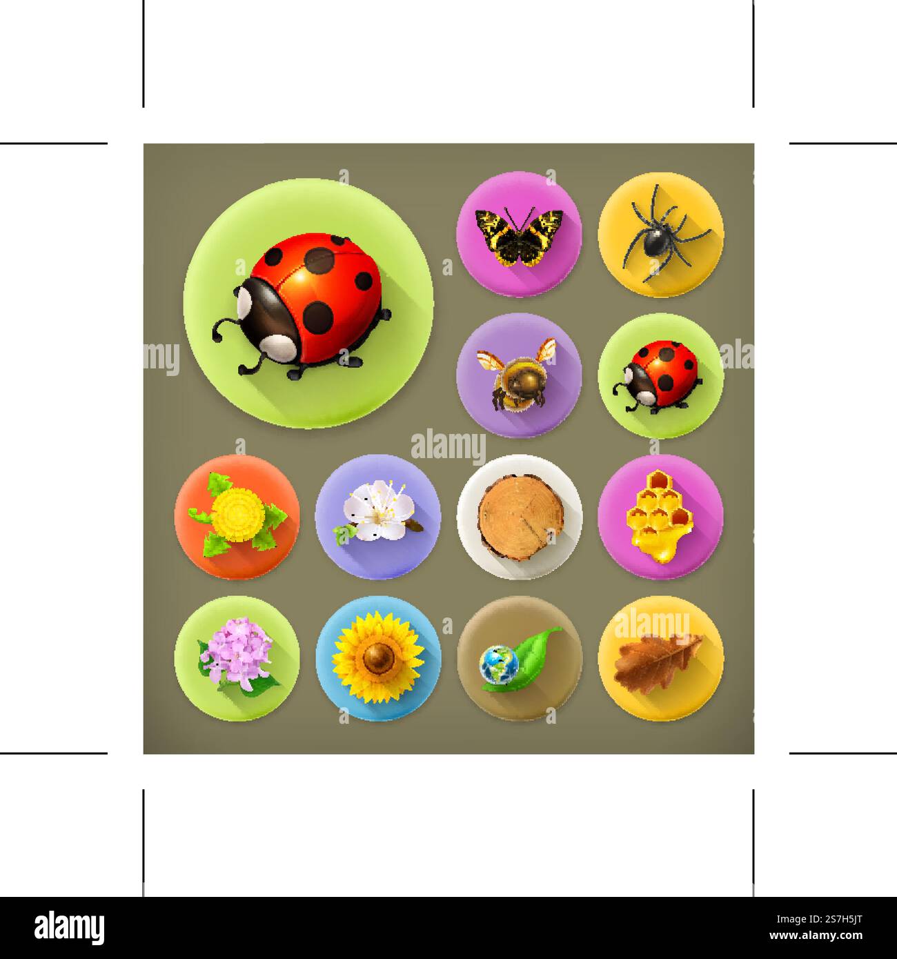 Nature and Ecology, long shadow icon set Stock Vector