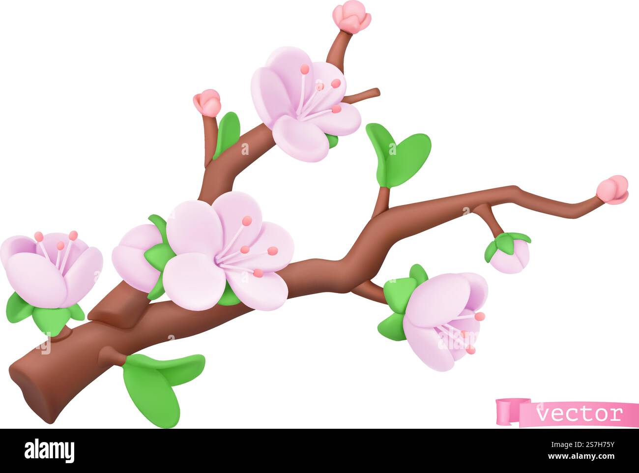 Spring flowers, plasticine art illustration. Tree branch. 3d cartoon ...