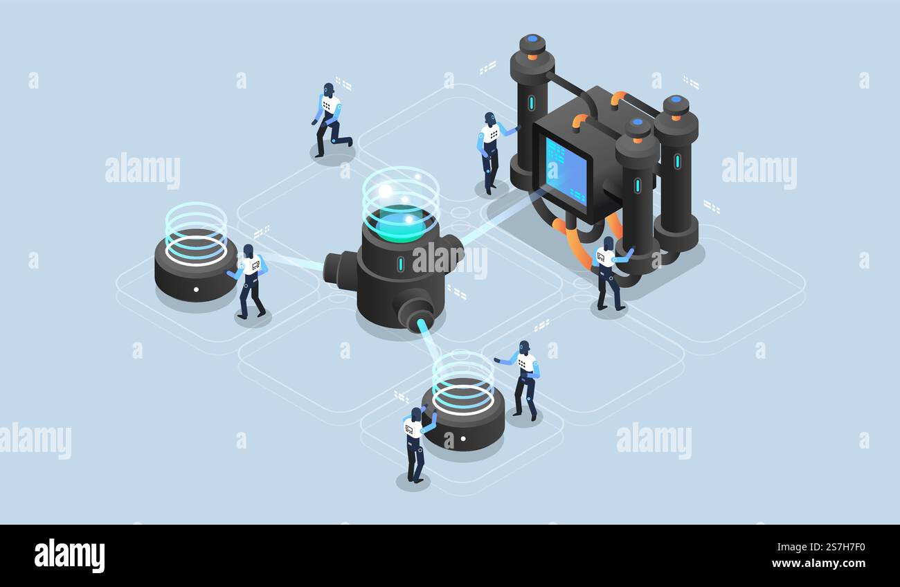 big data processing, data center warehouse, data science, server room. Tech visualization. Modern isometric illustration. Stock Vector
