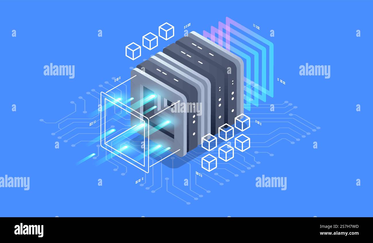Isometric design concept virtual reality and augmented reality. software development and programming. Computation of big data center, quantum computer isometric vector technology Stock Vector