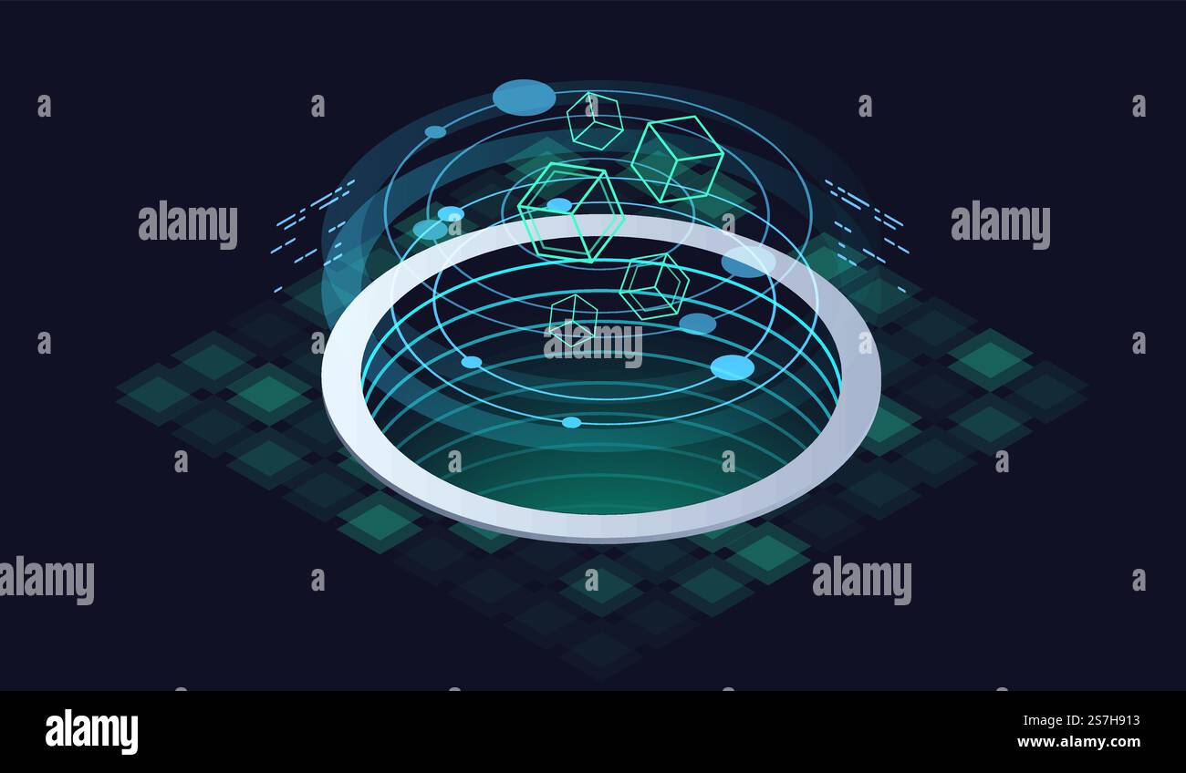 Technology isometric infographic design for quantum computer. Blockchain server concept, server room, database, information storage. Creative isometric concept. Stock Vector