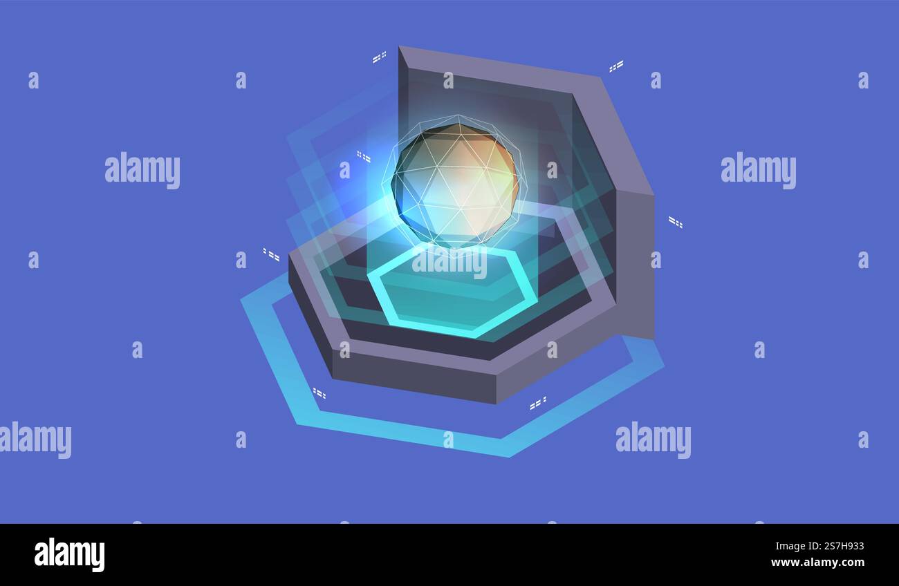 Quantum computer, large data processing. Isometric Quantum computing or Supercomputing. Software development and programming. Stock Vector