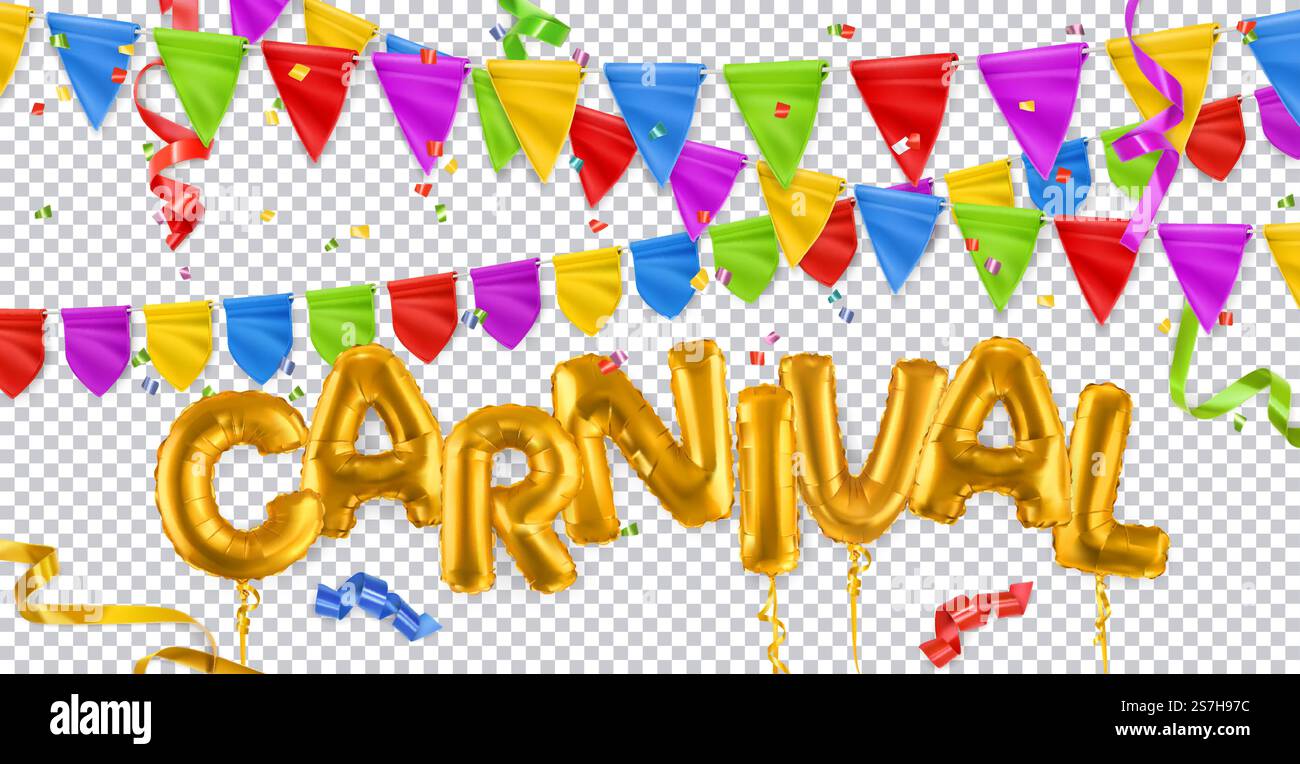 Holiday decoration. Carnival, gold toy balloons, flags, ribbons ...