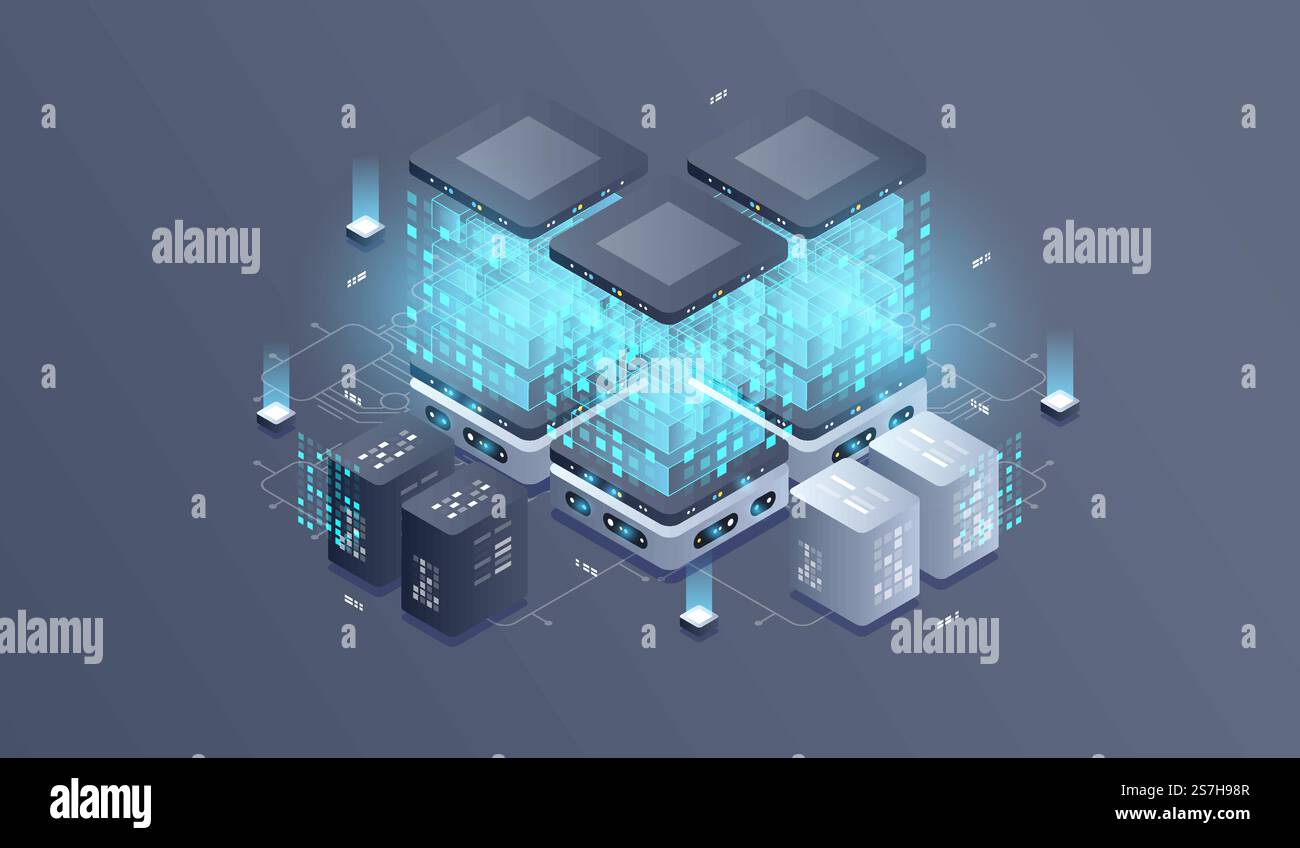 Technology isometric infographic design for quantum computer. Blockchain server concept, server room, database, information storage. Creative isometric concept. Stock Vector