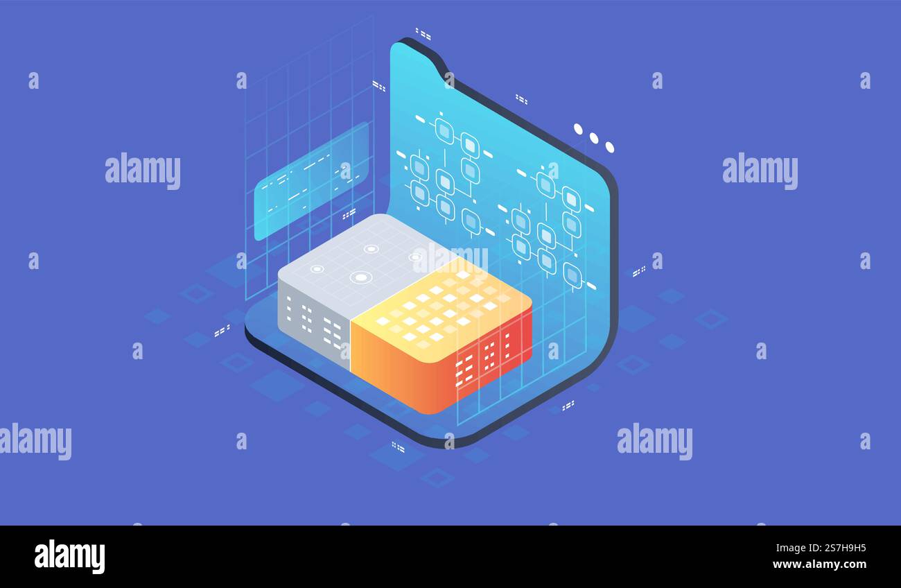 Quantum computer, large data processing. Isometric Quantum computing or Supercomputing. Software development and programming. Stock Vector