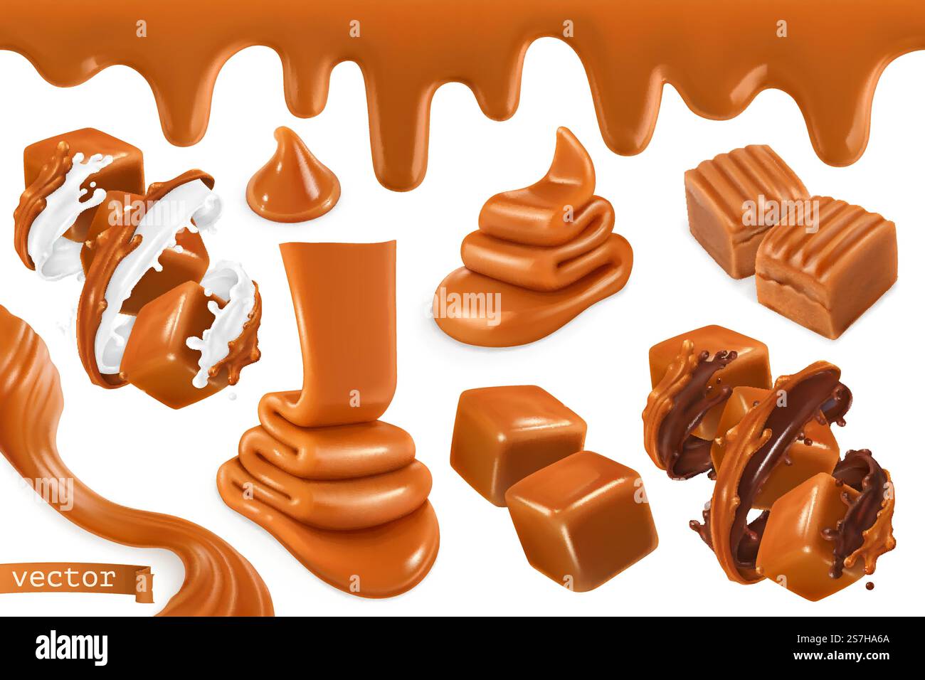 Sweet caramel, set realistic 3d vector illustration Stock Vector