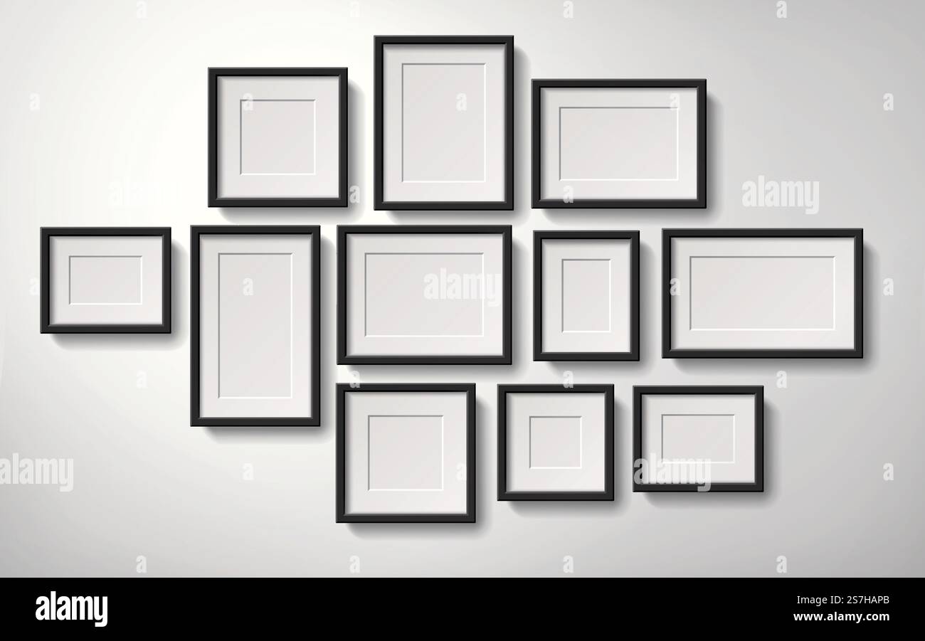 Realistic blank picture frames collection hanging on the wall, 3d ...