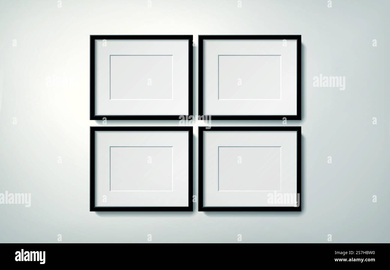 Blank picture frames collection hanging on the wall in orderly way, 3d illustration realistic style. Orderly picture frames collection Stock Vector
