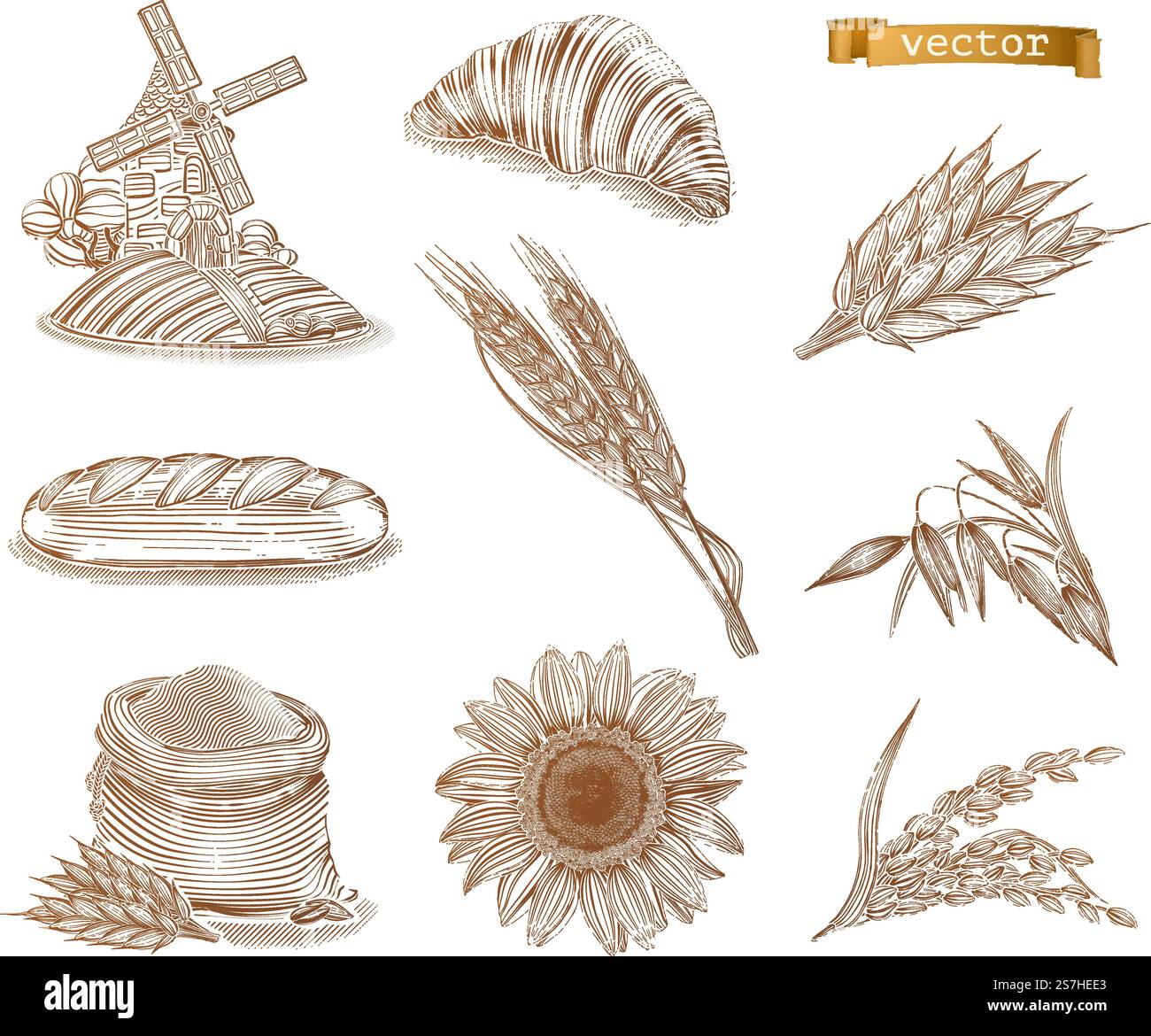 Mill, bread and wheat. Old style. Engraving vector icon set Stock Vector