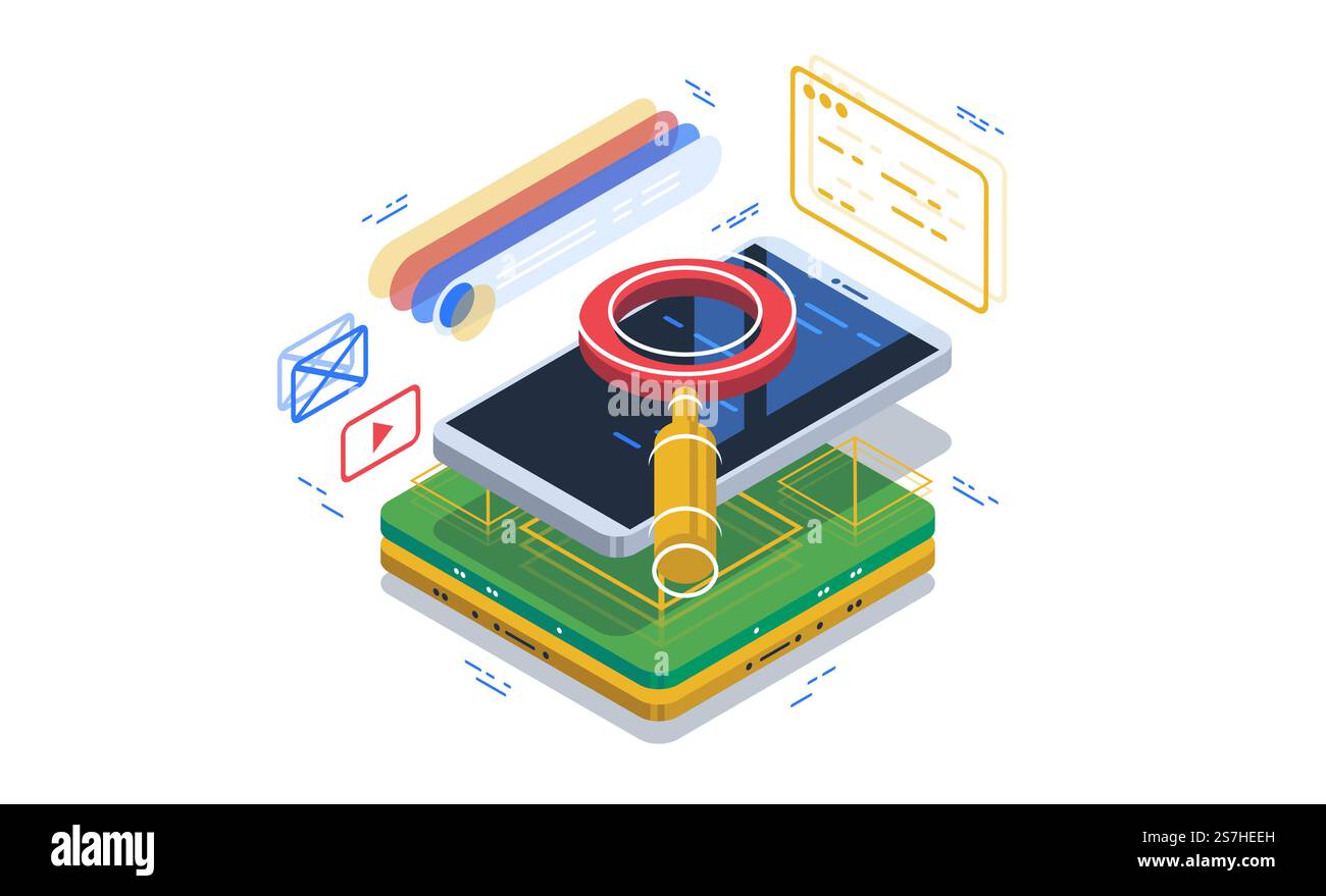 Data visualization concept. 3d isometric vector illustration.. Safe search through a browser in a smartphone. Search system. Data visualization concept. 3d isometric vector illustration. Stock Vector