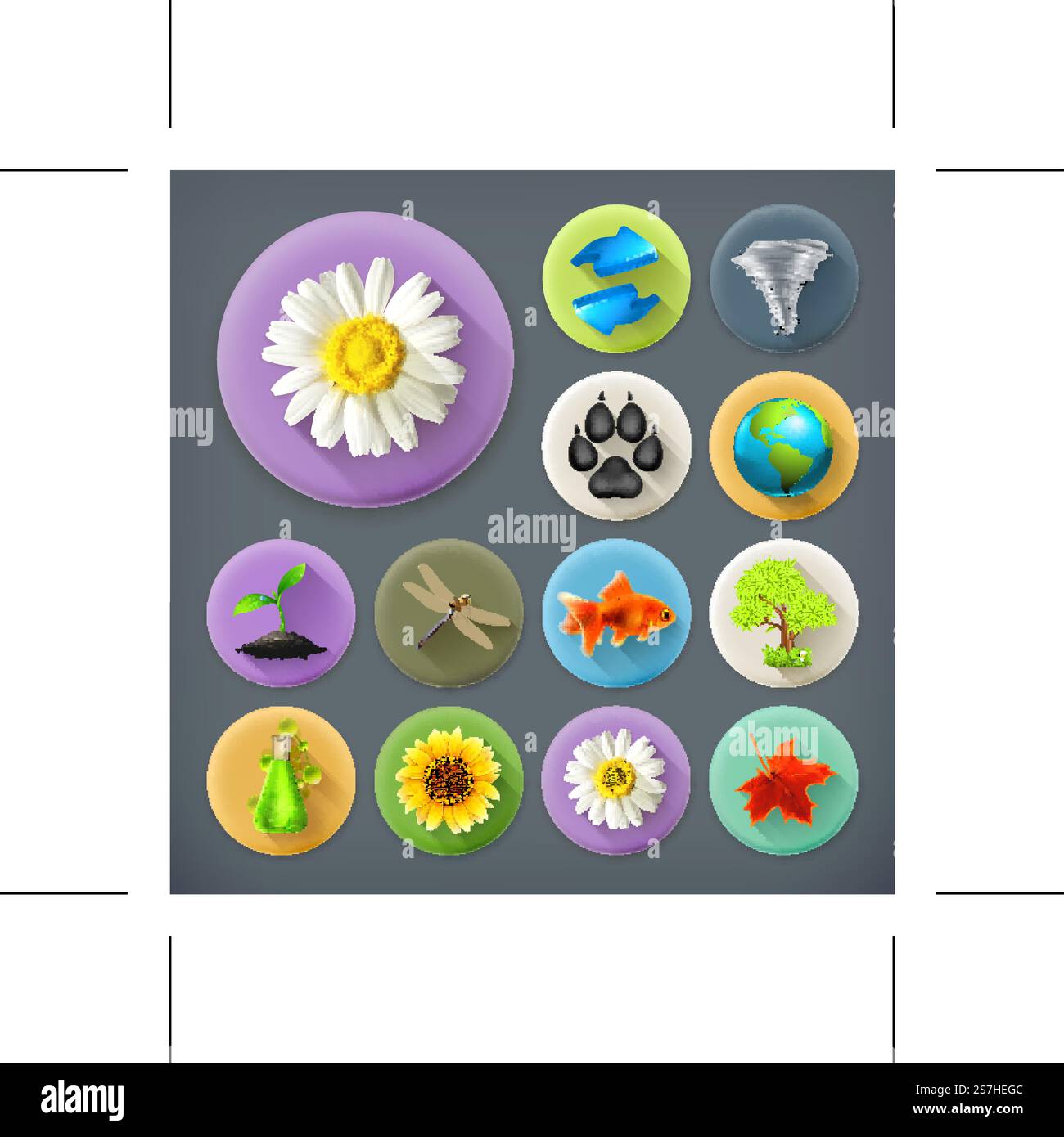 Nature and Ecology, long shadow icon set Stock Vector
