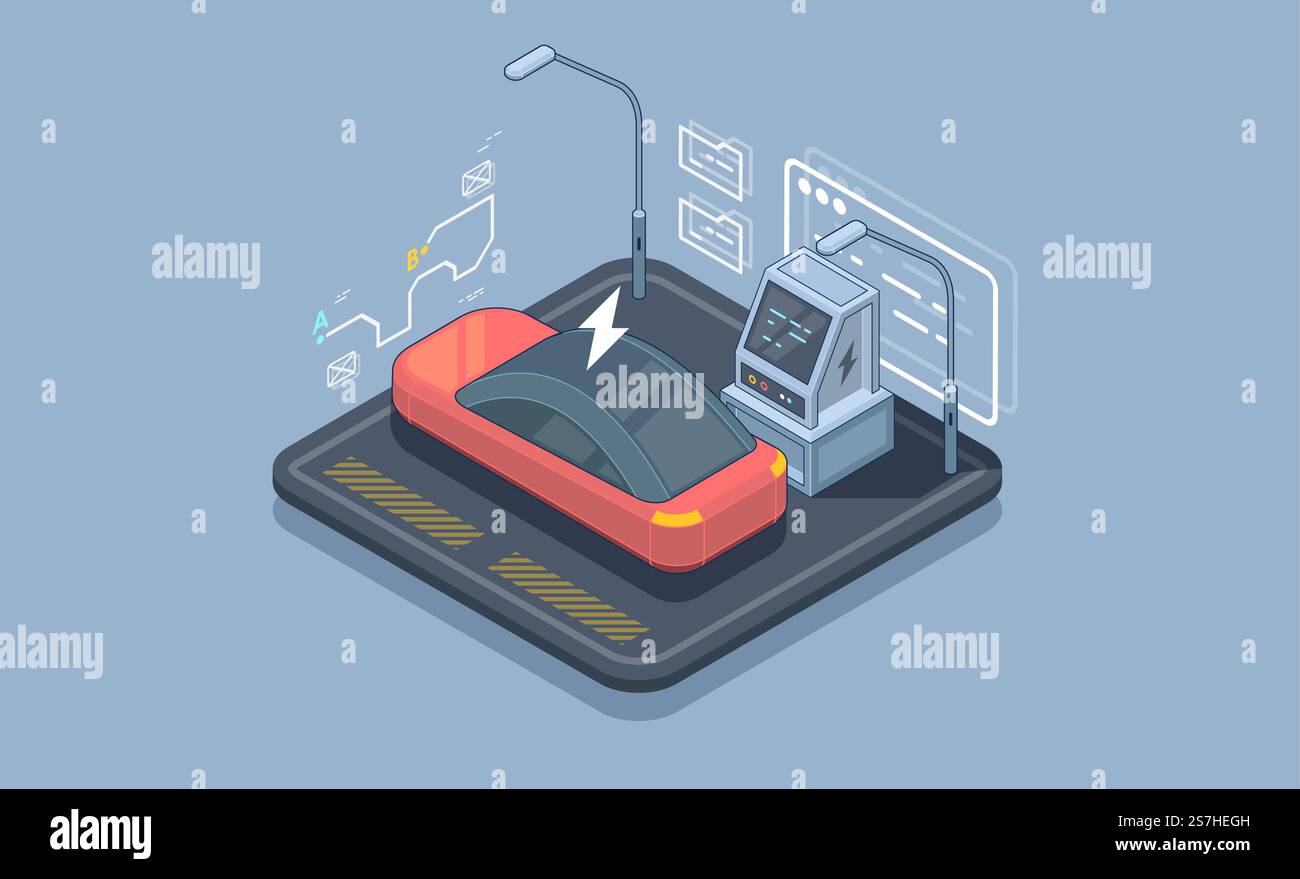 Isometric electric car parking. Charging station vector web banner ...