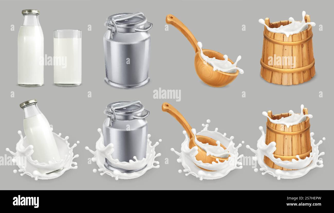Milk can and splash. Natural dairy products. 3d vector icon set Stock ...