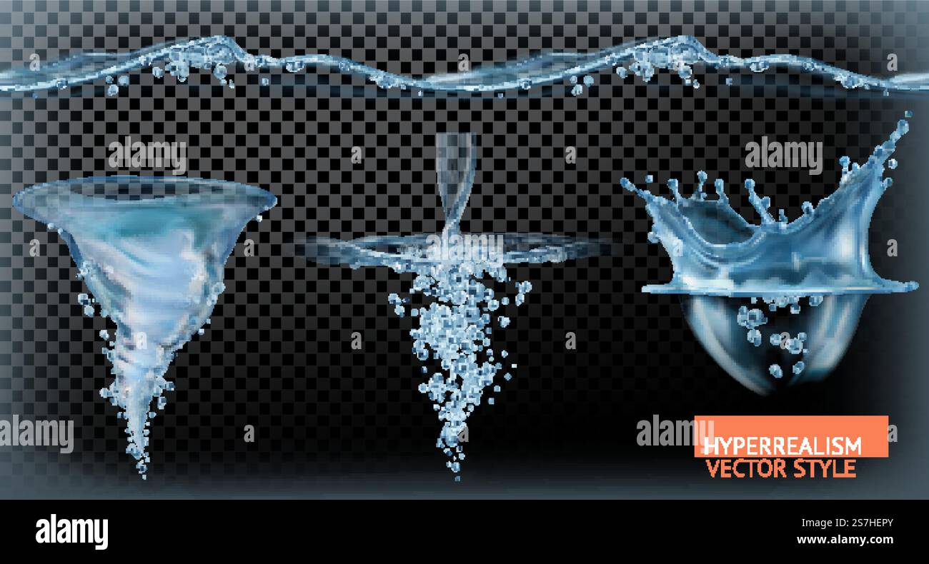 Water tornado with transparency, hyperrealism vector set Stock Vector