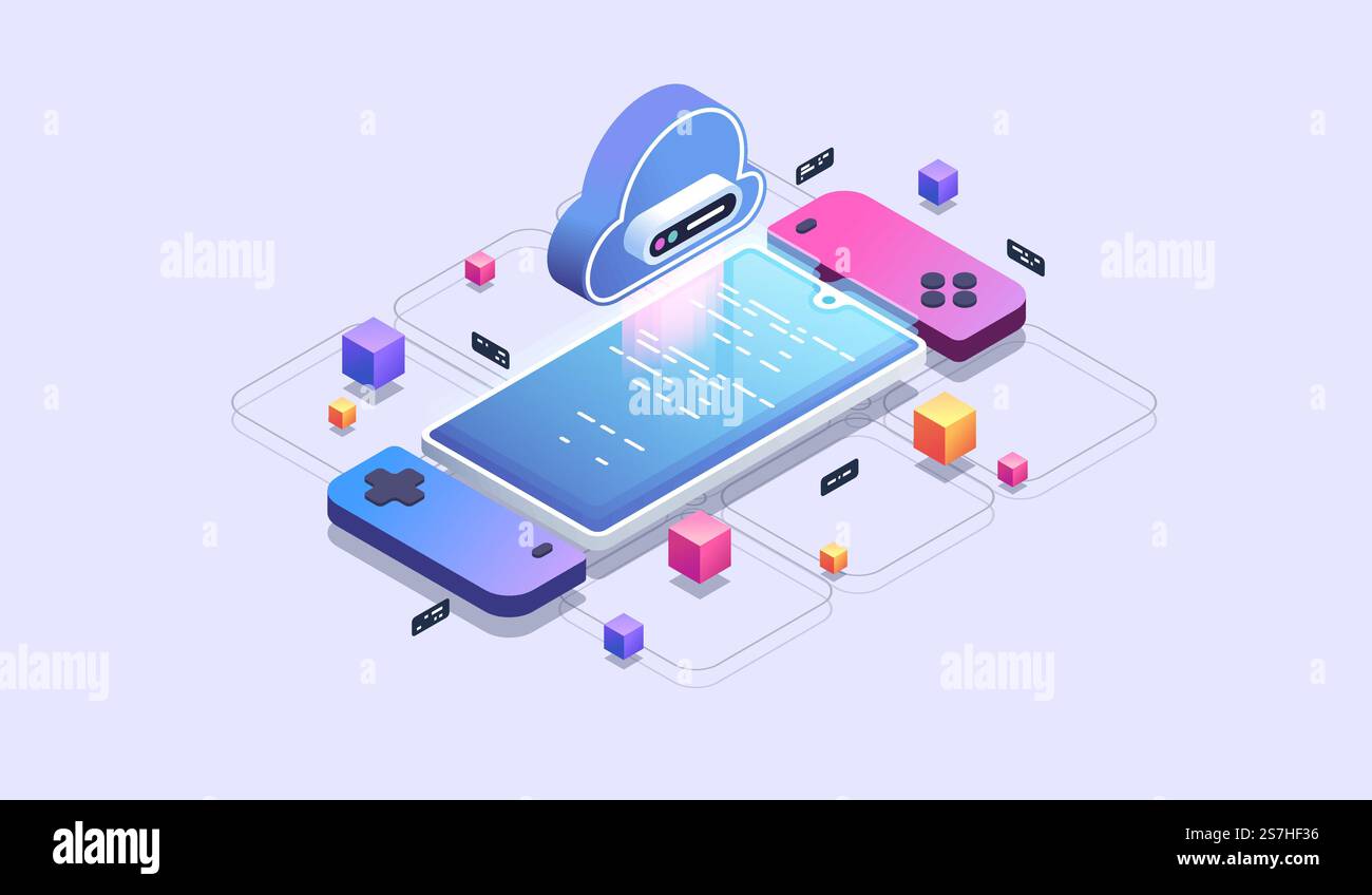 Mobile cloud gaming. Phone games development. Modern isometric illustration. Stock Vector