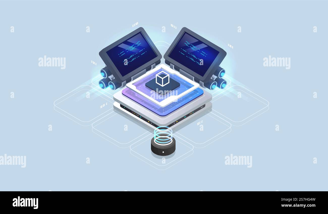 Web engine, programming tools. Software development. Technology visualization. Vector isometric illustration. Stock Vector