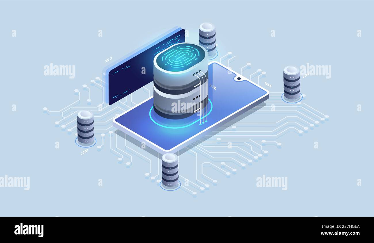 Digital security access with biometrics data. Touch biometrics technology vector illustration of digital fingerprint recognition for personal identity. Stock Vector