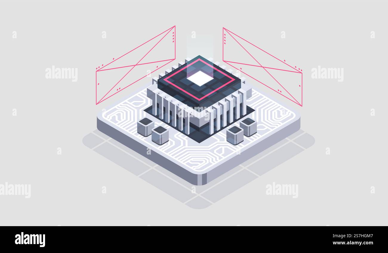 Technology isometric infographic design for quantum computer, artificial intelligence, Concept of big data. Digital information technologies. Stock Vector