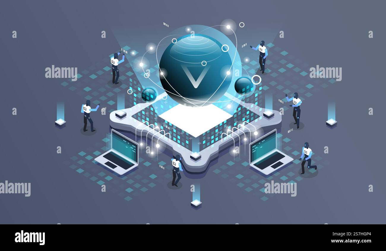 Technology isometric infographic design for quantum computer, artificial intelligence, Concept of big data. Digital information technologies. Stock Vector