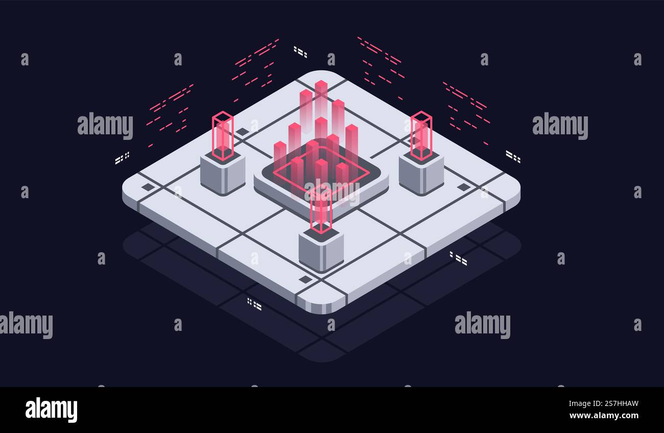Technology isometric infographic design for quantum computer, artificial intelligence, Concept of big data. Digital information technologies. Stock Vector