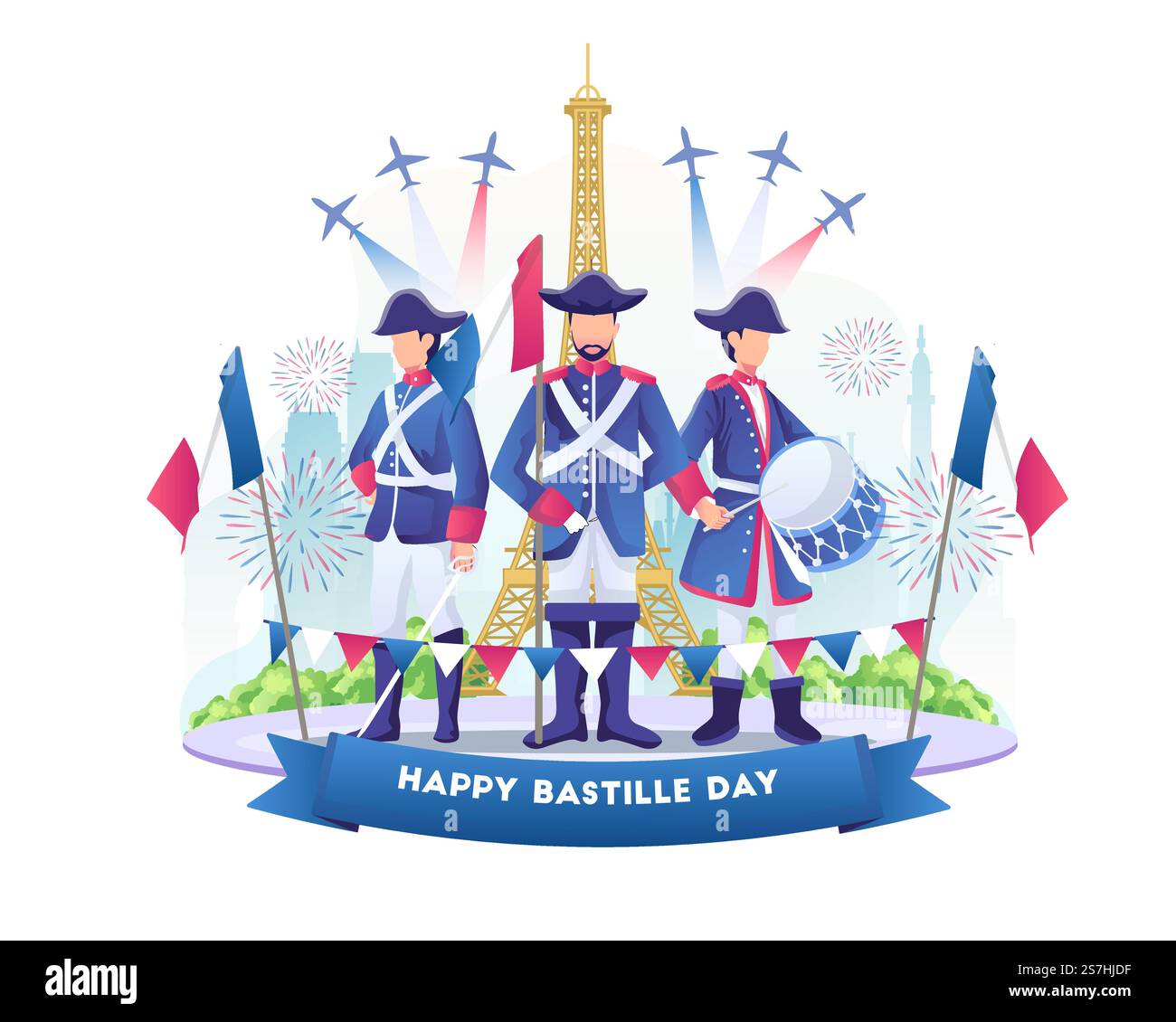 Bastille day celebration with people wearing french army outfits. Happy Bastille Day of France on 14th July. vector illustration Stock Vector