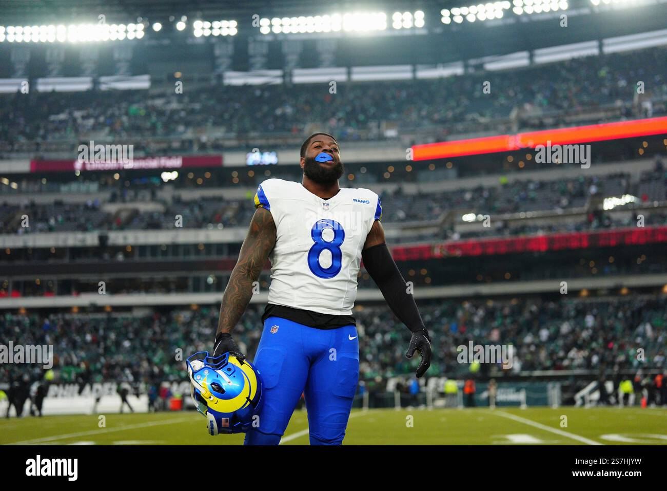 Los Angeles Rams linebacker Jared Verse (8) attends warm ups before an ...