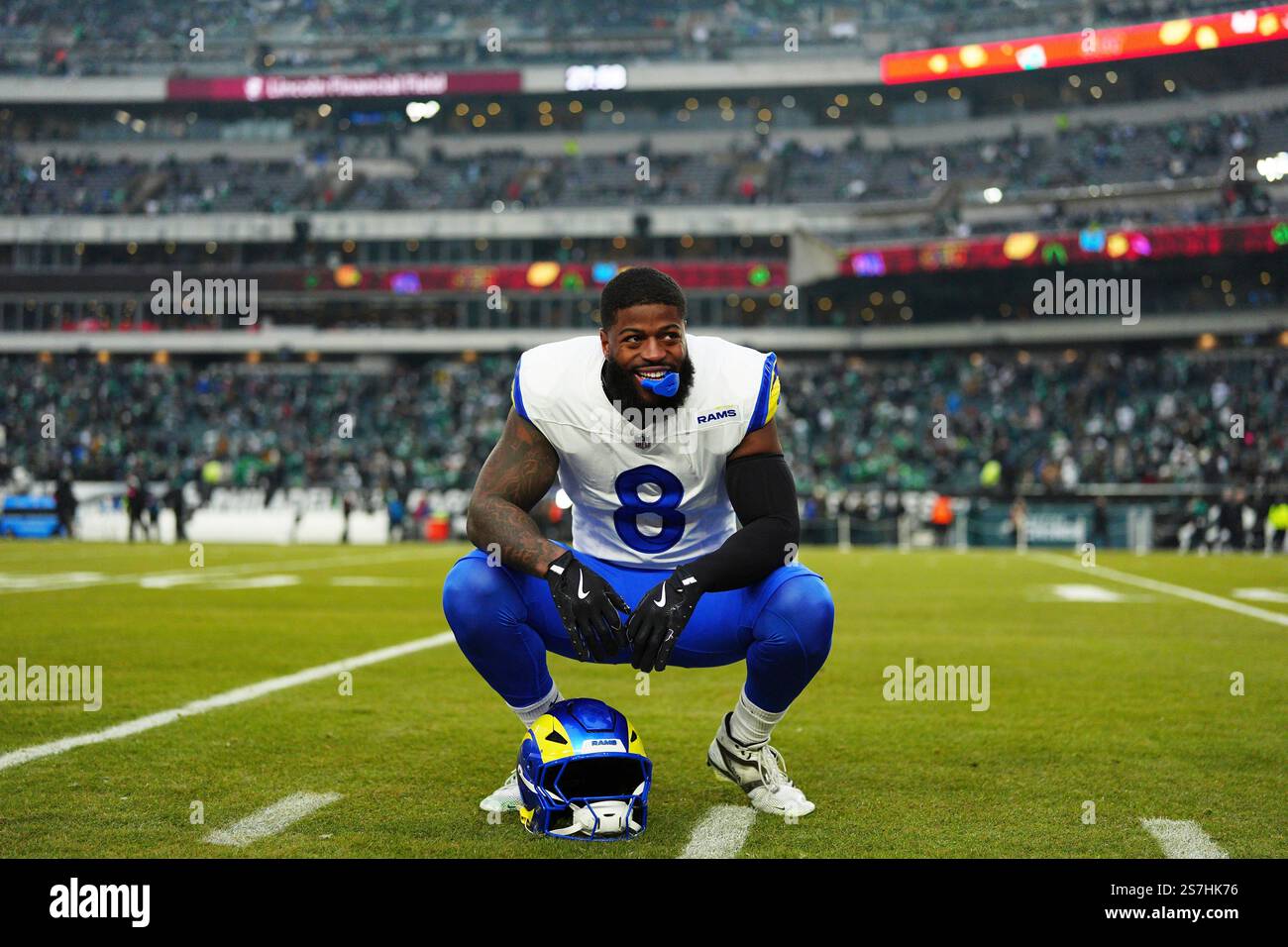 Los Angeles Rams linebacker Jared Verse (8) attends warm ups before an ...