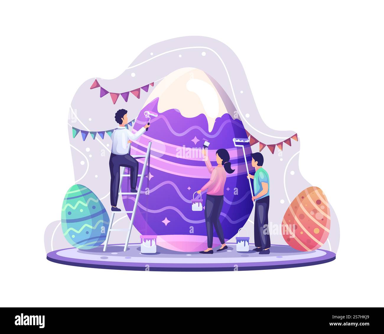 People celebrate Easter day by decorating and painting giant easter eggs. vector illustration Stock Vector