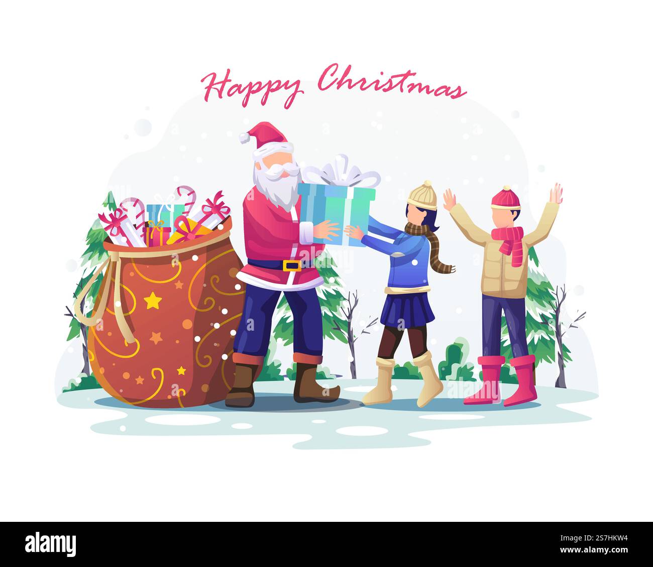 Santa Claus giving Christmas gift presents to kids. Santa and kids ...