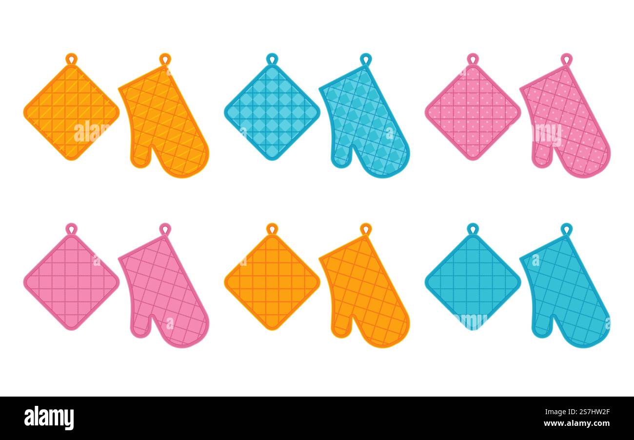 Oven mitt and potholder. Vector. Kitchen accessory isolated on white background. Cooking mitten, oven-glove in flat design. Kitchenware icon. Color illustration.. Oven mitt and potholder. Vector illustration. Kitchenware symbols. Stock Vector
