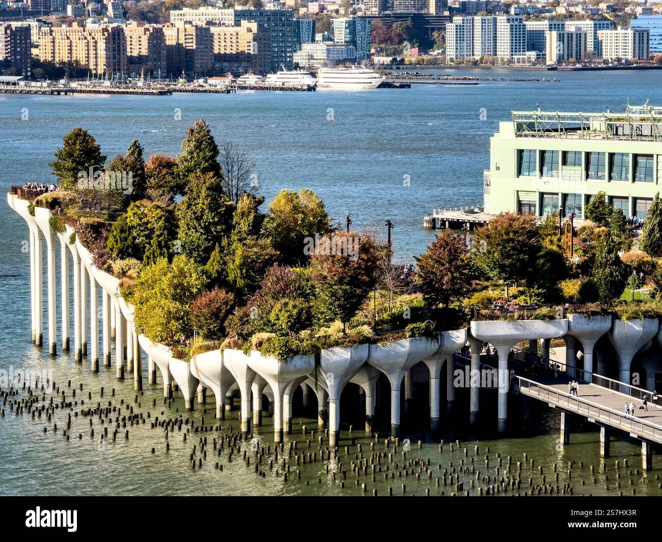 Little Island Park, artificial island elevated park opened 2021, Pier 55, in the Hudson River Park, Greenwich Village, New York City, NY, USA - Smartphone Captured Stock Image