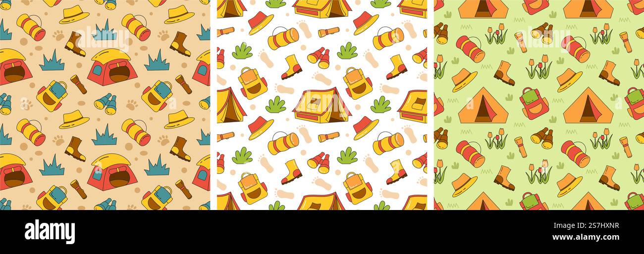 Set of Summer Camp Seamless Pattern Design of Camping and Traveling ...