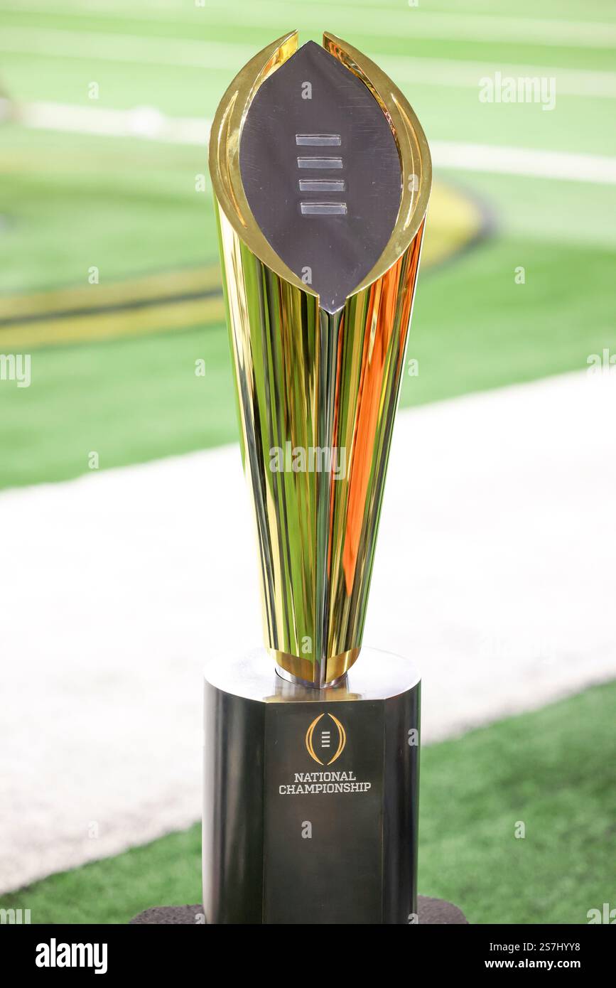 The College Football Playoff National Championship Trophy is shown