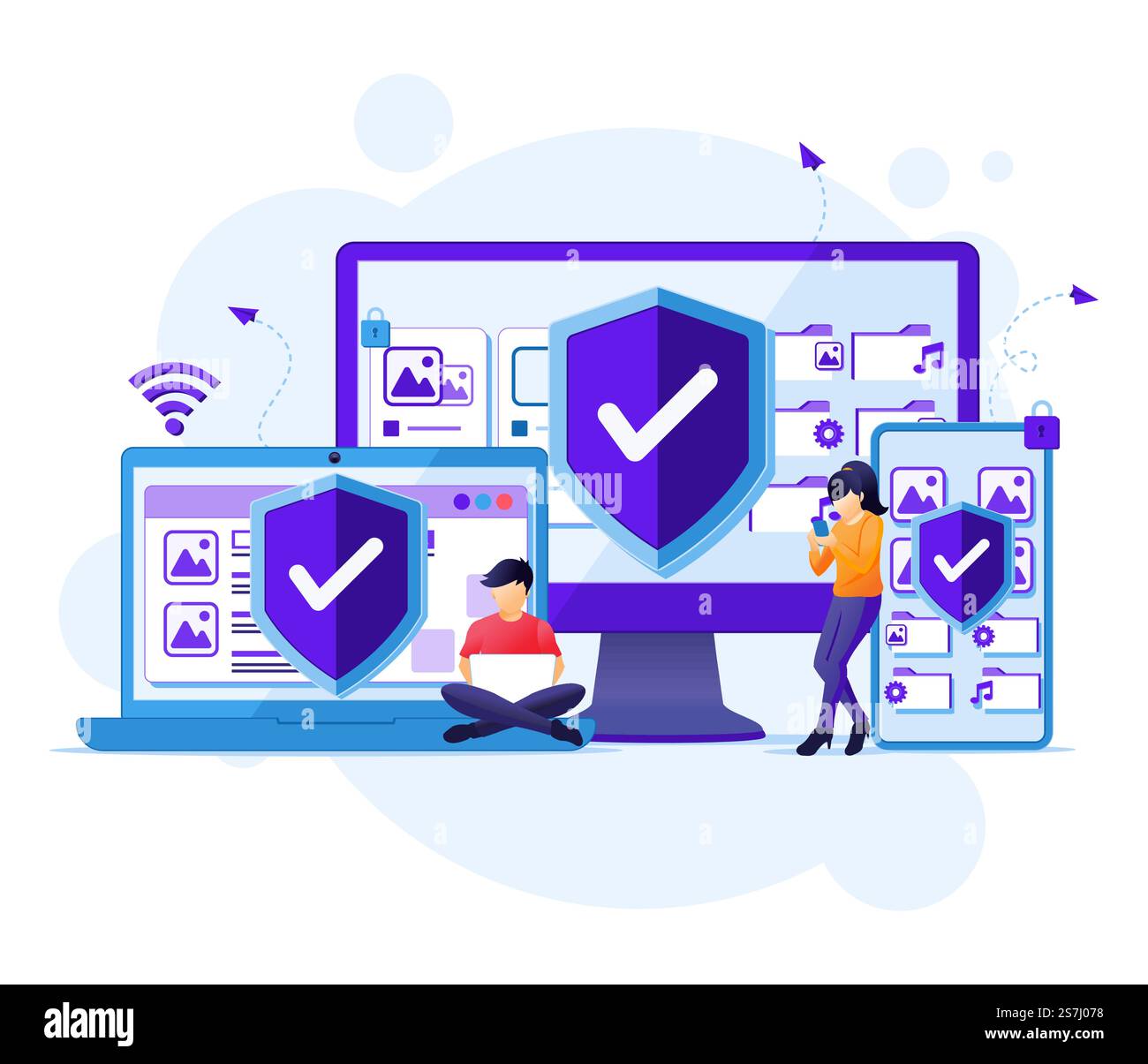 Device security concept, People on giant gadget device with shield ...