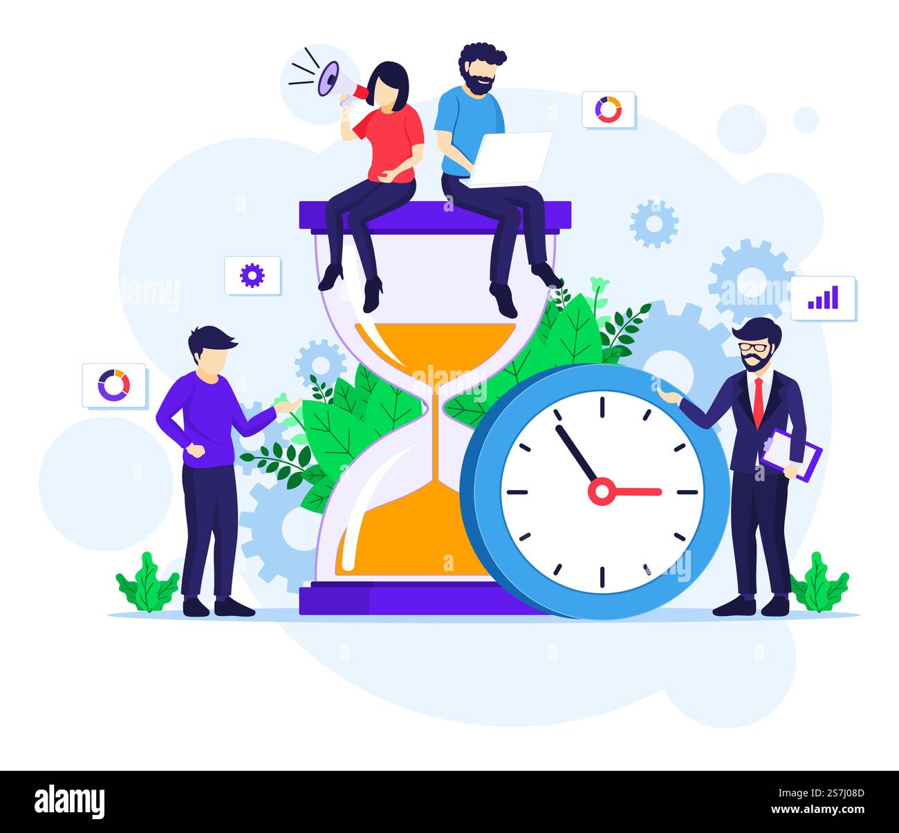Time In Work Time management concept with people work near a big clock and hourglass ...
