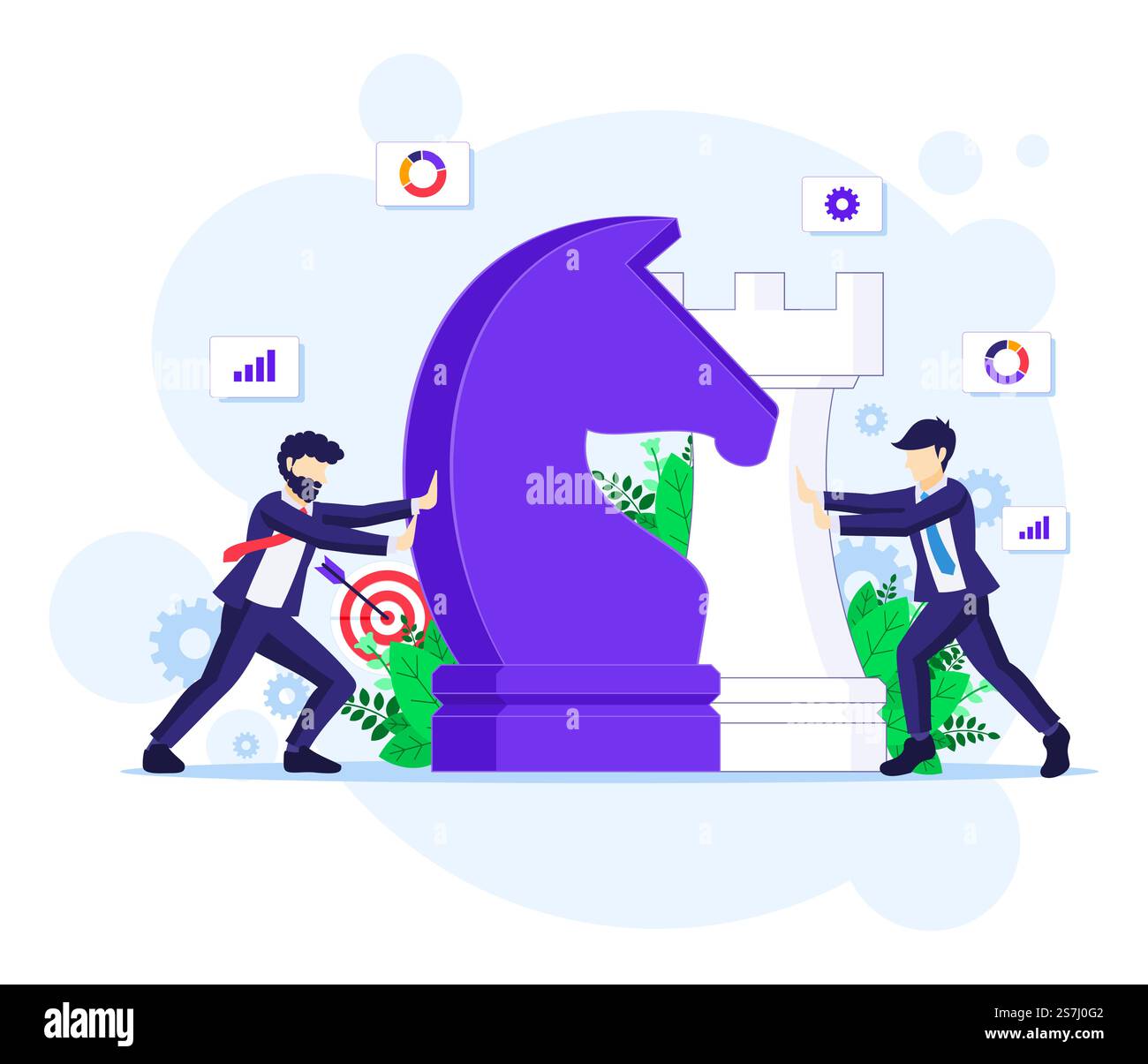 Business strategy concept with businessmen moving giant chess pieces. Strategic planning and tactics in business illustration Stock Vector