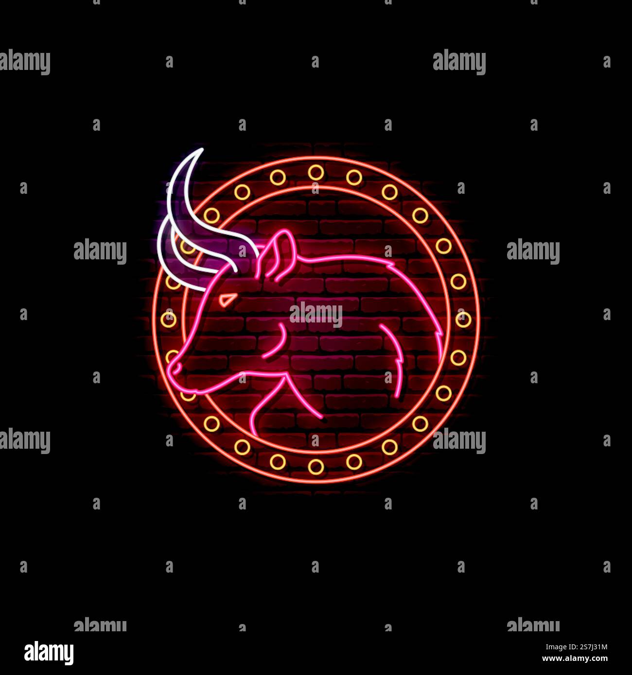 Neon bull sign. Glowing Red bull emblem isolated in circle frame ...