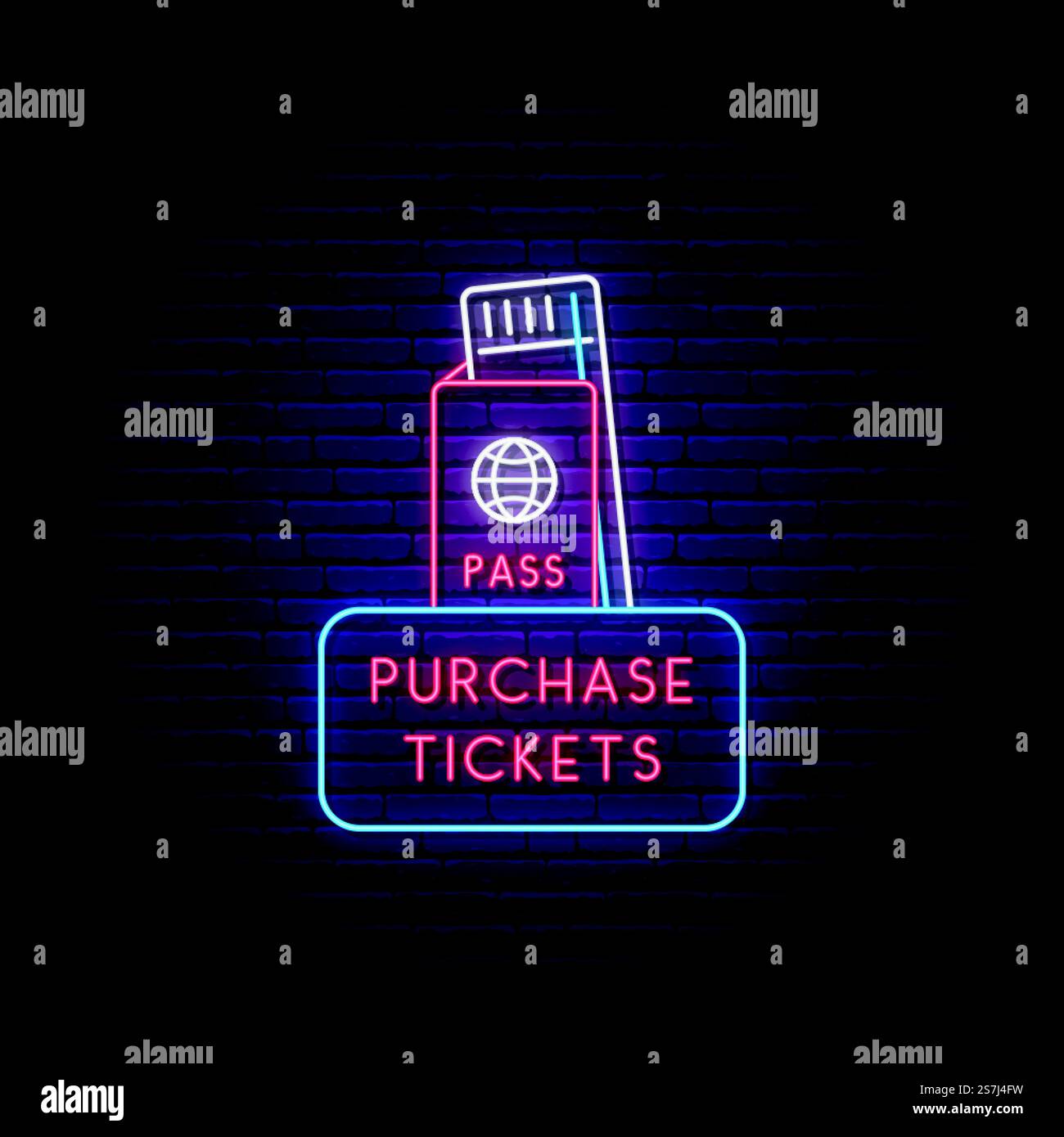 Neon tickets sign. Glowing boarding pass icon on brick wall background ...