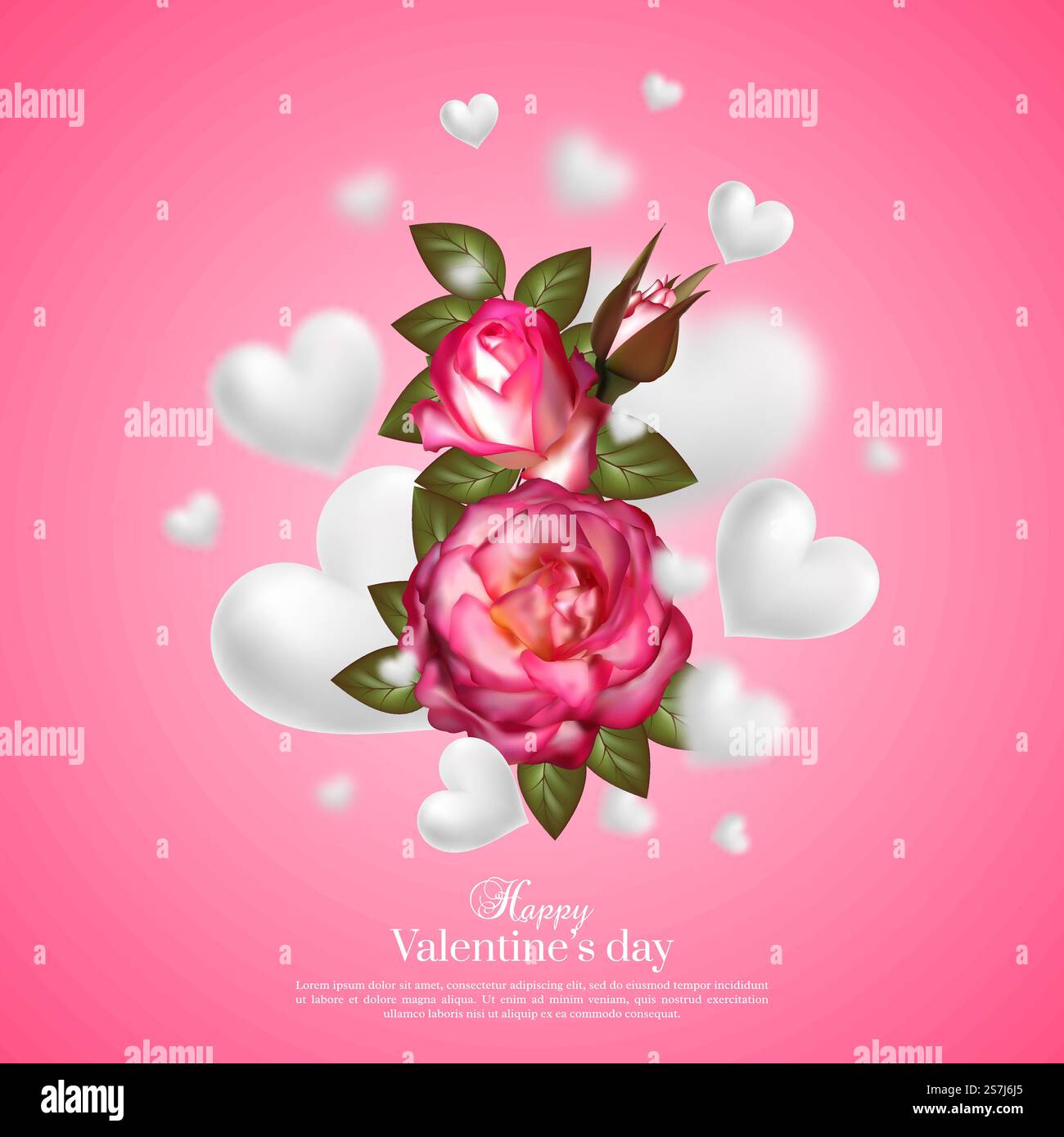Realistic 3d floral Valentines day card with floating blur hearts and ...