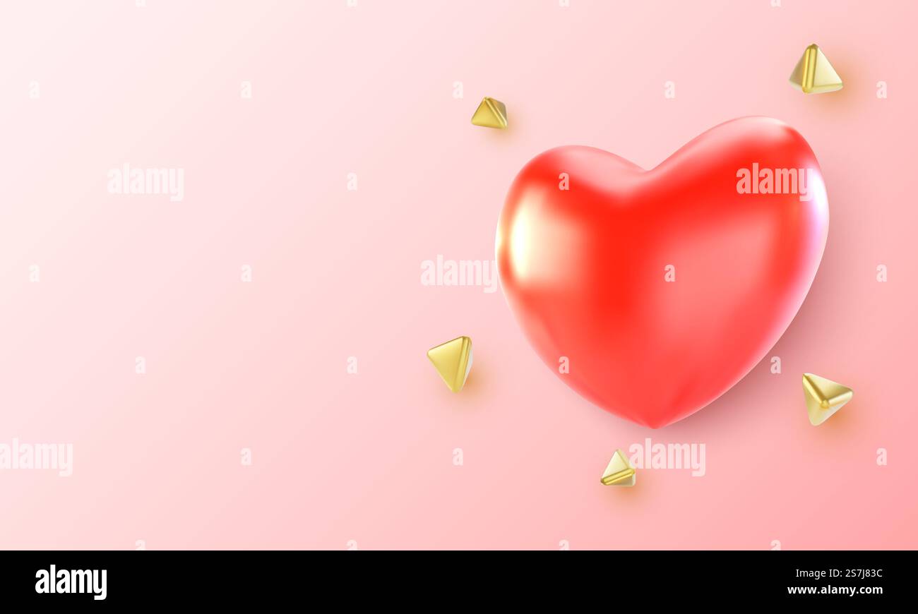 Happy Valentines Day background with 3d red heart. Vector illustration ...