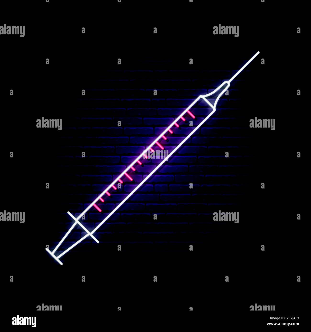 Medical Syringes Neon sign. Health care concept design.Bright light signboard. Stock vector illustration. Stock Vector