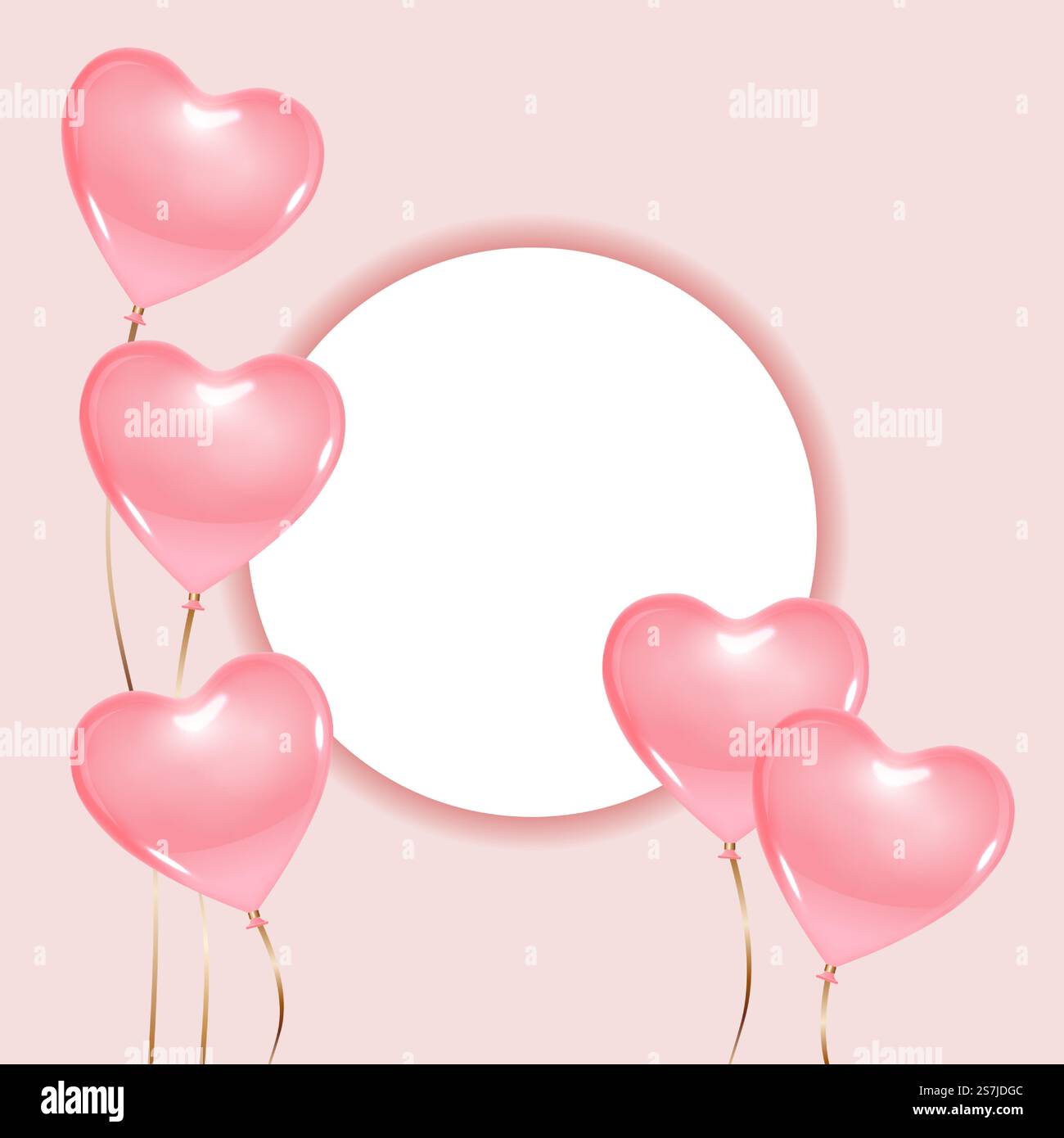 Top view copy space round shape frame, display, podium, stand light pink background with heart balloons mockup template. Ready to use for your design or business. Vector illustration. Stock Vector