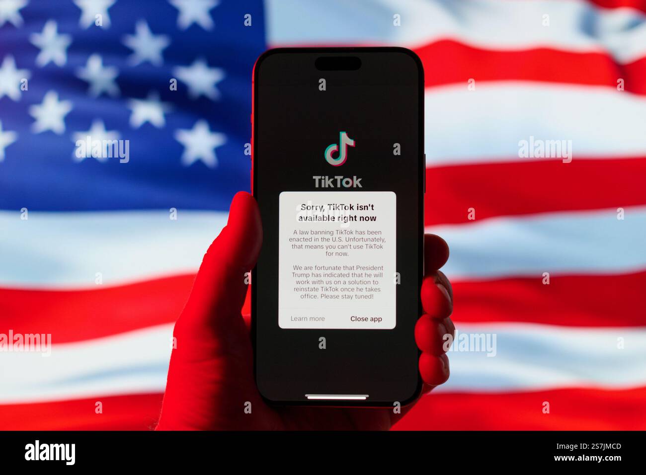 The TikTok application with a message announcing the ban is seen in